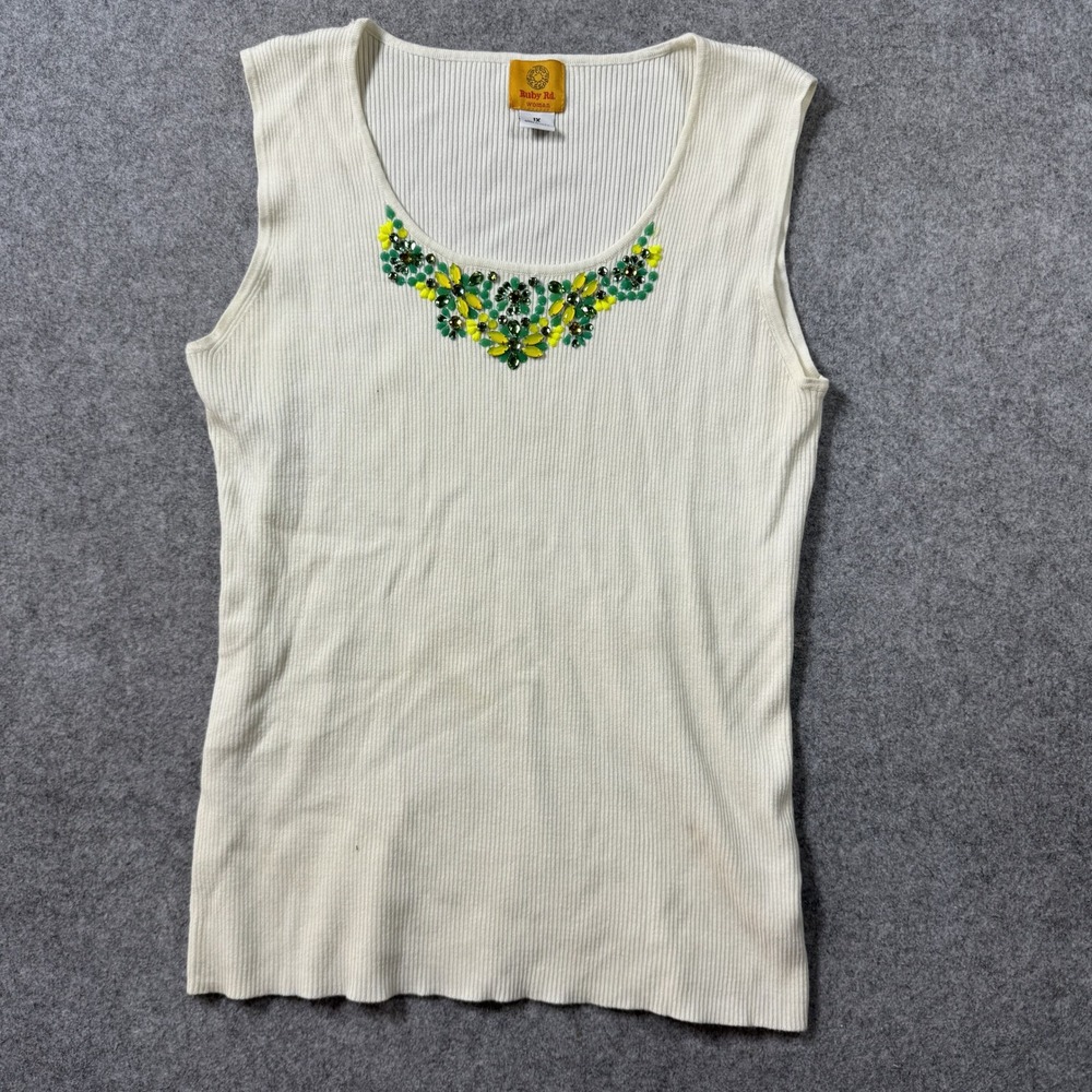 Ruby Rd Woman Beaded Neckline Tank Top 1X Ivory Ribbed Embellished Shell